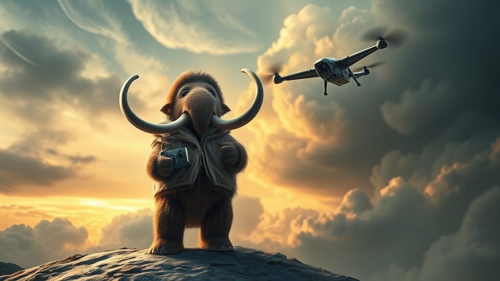 Baby Mammoth Controls Pterodactyl Drone in Stormy Sky