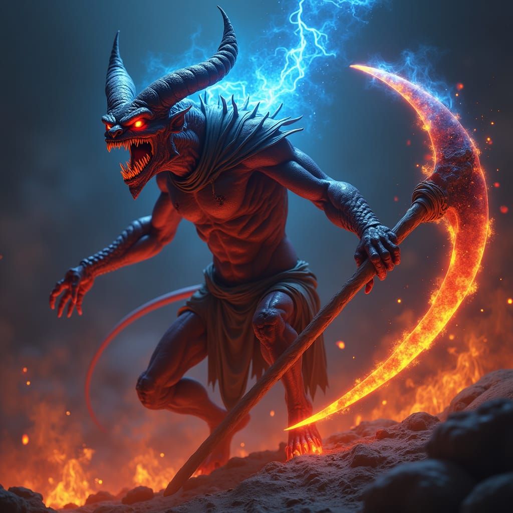 Menacing Demon with Flaming Scythe: Dark Fantasy Art