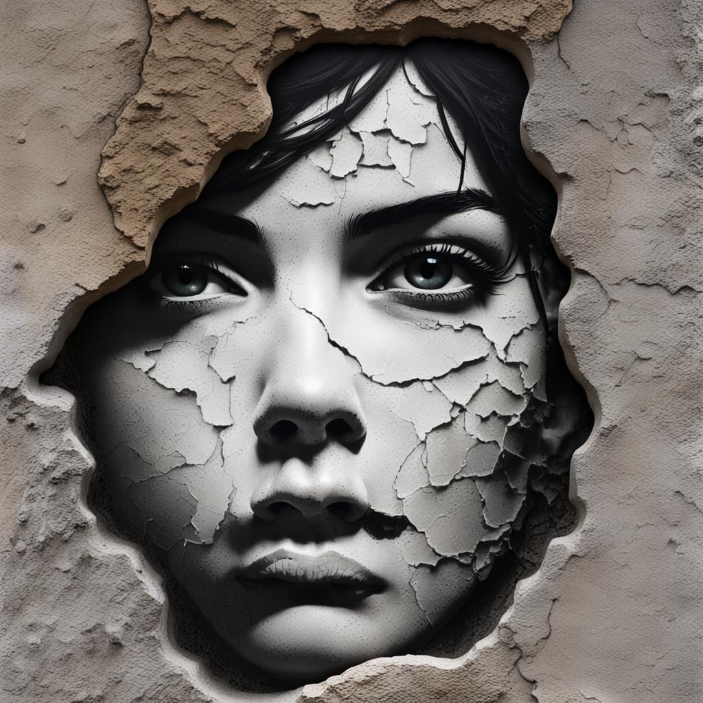 Woman's Portrait Carved in Cement Wall Art