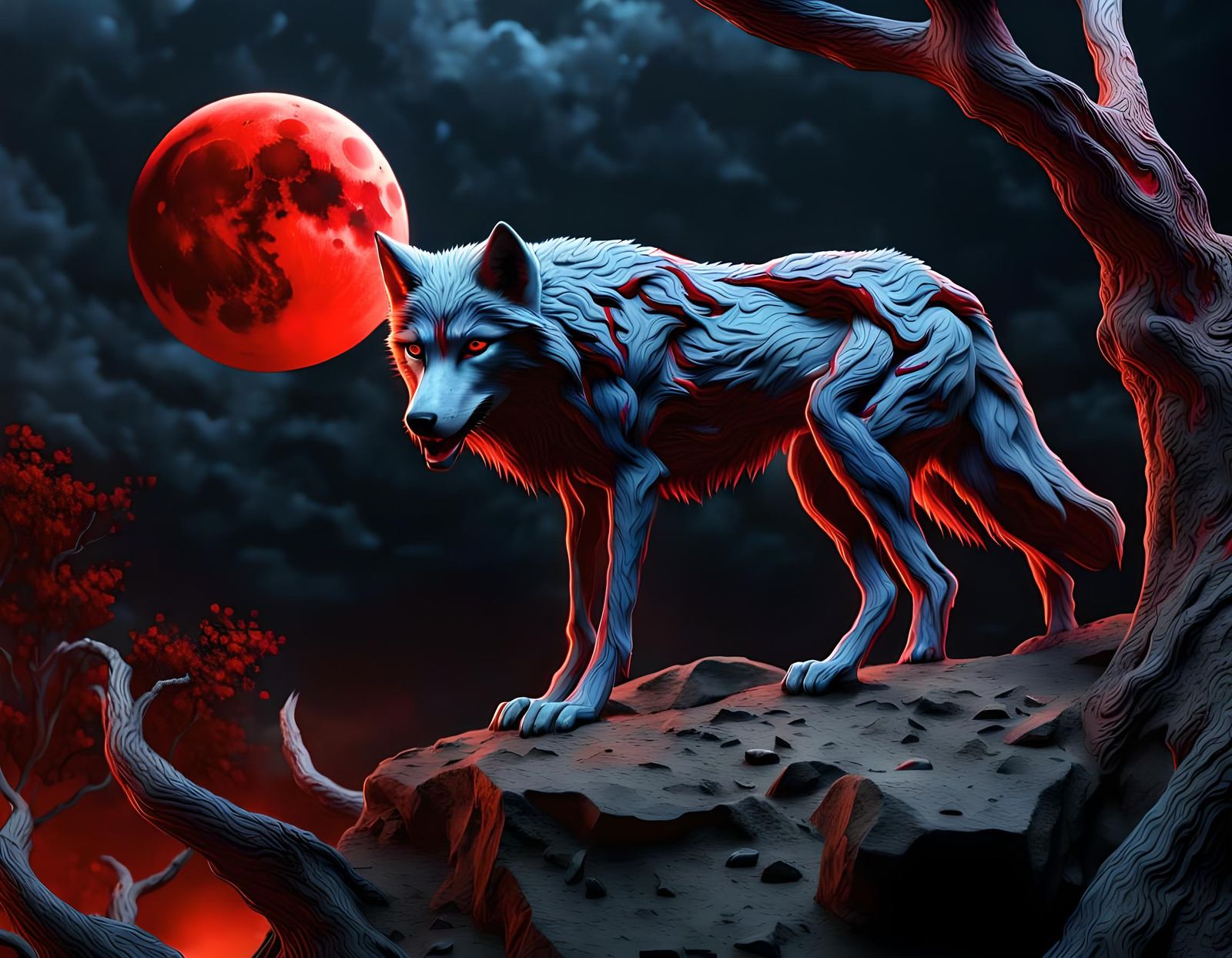 Blue Wolf Howling at Blood-Red Moon
