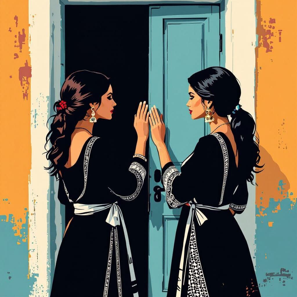 Two Women in Kurtis Knocking on Door - Pop Art Style