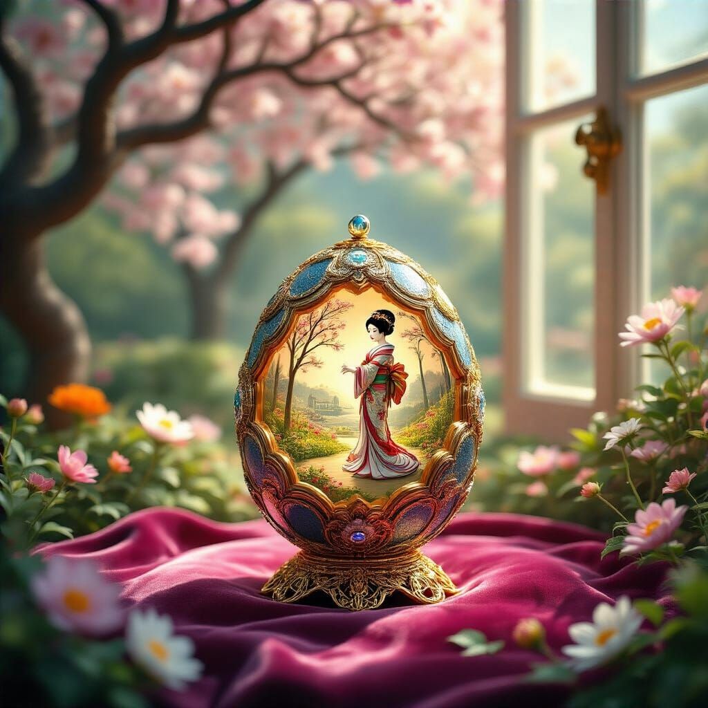 Fabergé Egg with Geishas in Art Nouveau Style