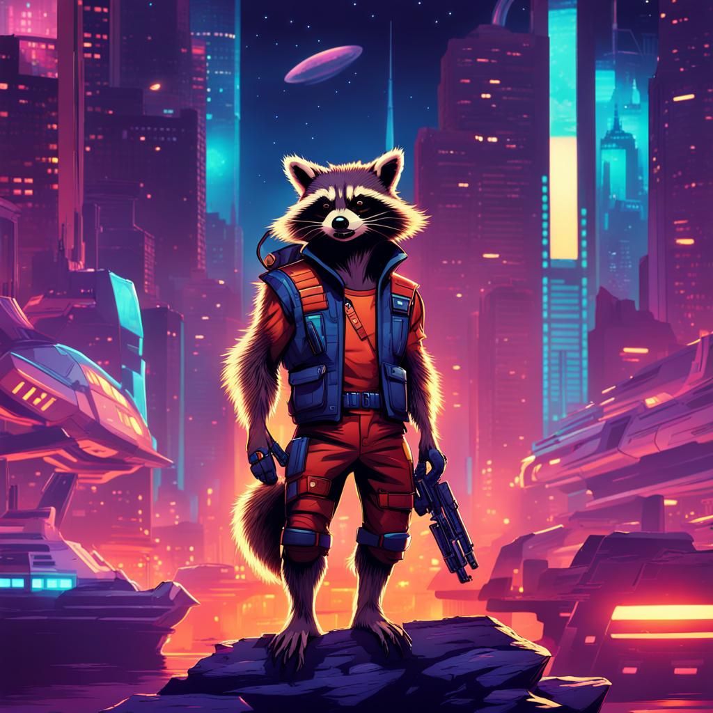 Rocket Raccoon in Neon Cityscape