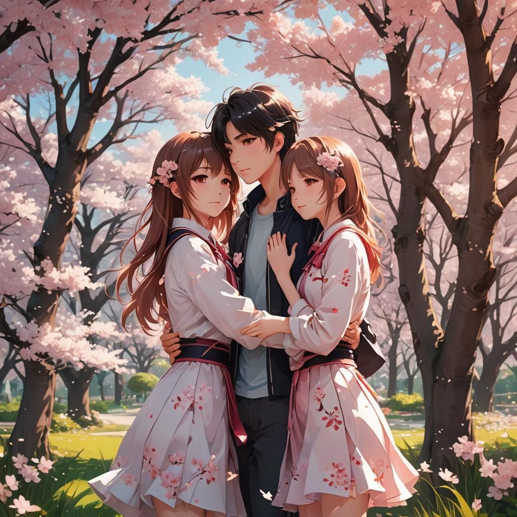 Romantic Anime: Teenagers Embrace in Cherry Blossoms