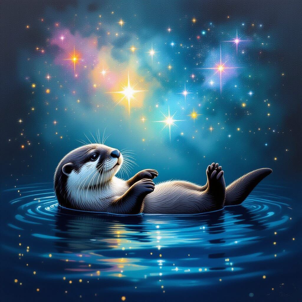 Otter in Bioluminescent Starscape, Dreamy Ethereal Art