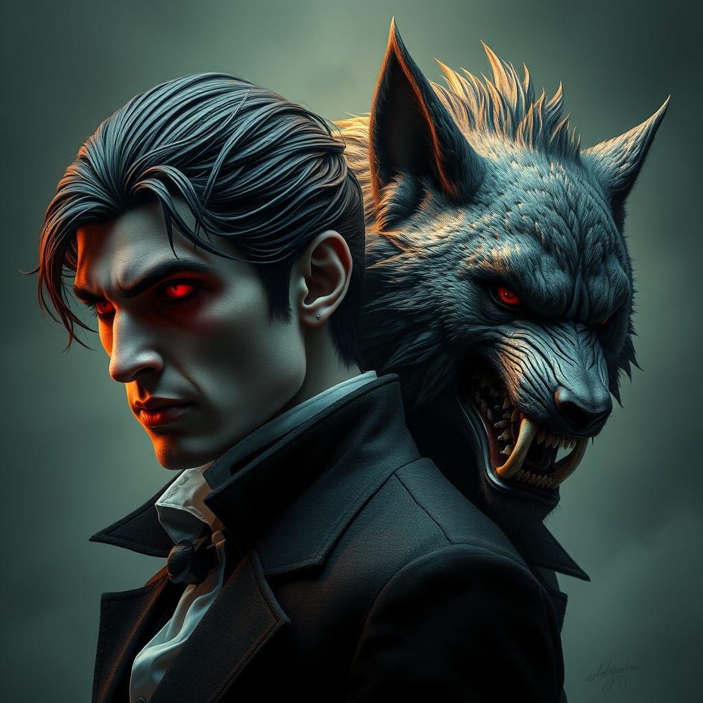 Dark Fantasy Vampire and Werewolf Portrait in Triadic Colors
