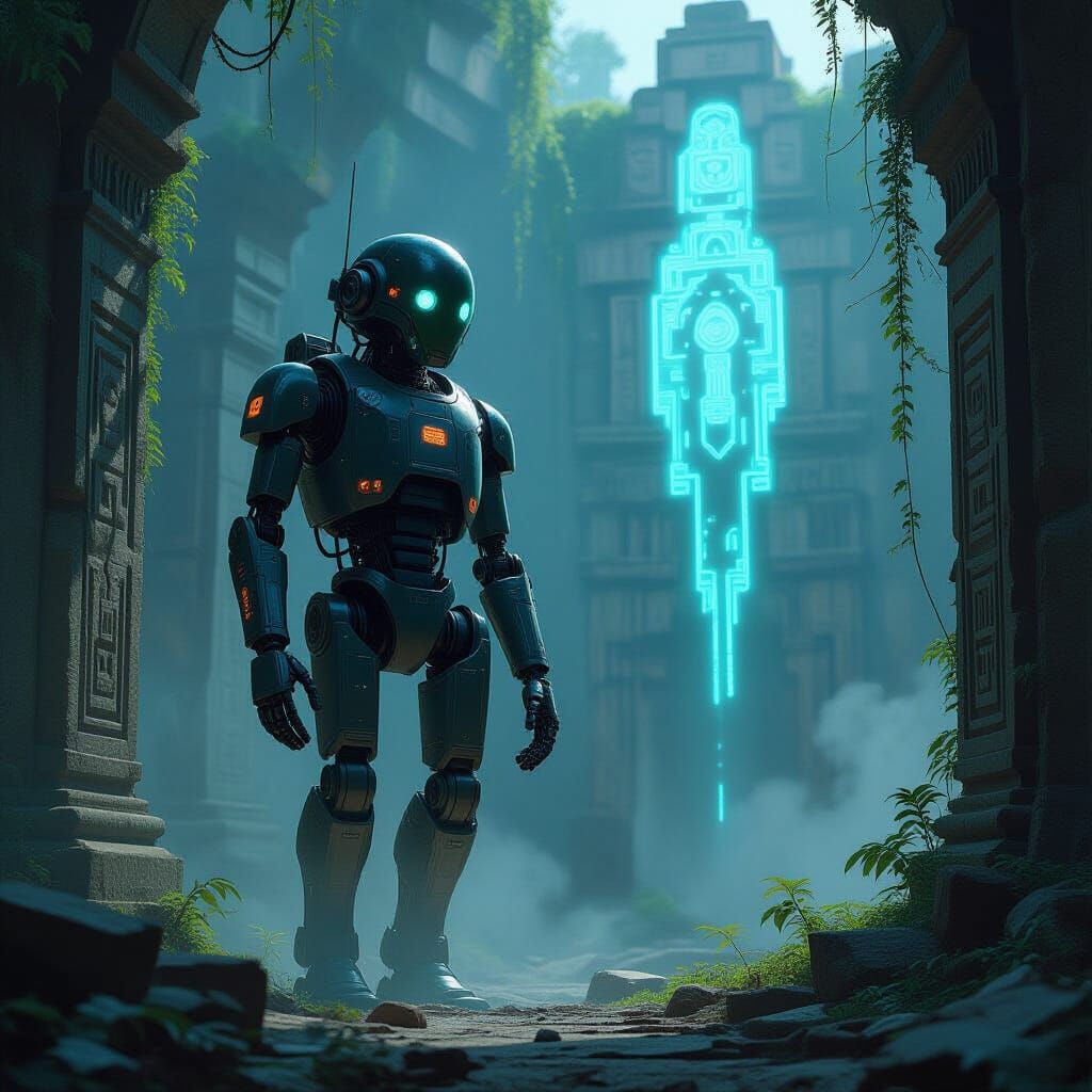 Rakatan Droid in Ruined Temple with Glowing Glyphs