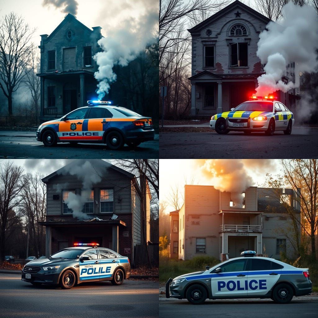 Police Car Under Abandoned Building in Smoky Ambiance
