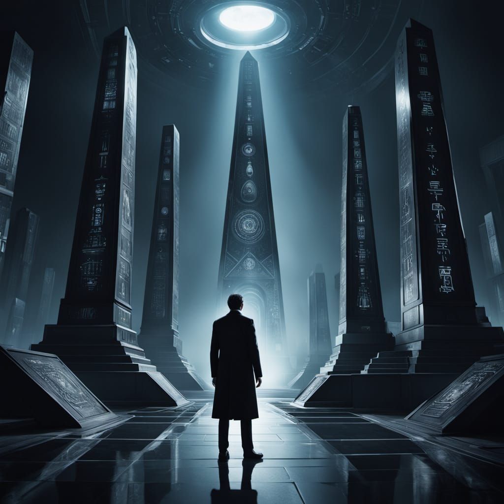 Men in Black Agent and Alien Obelisk in Museum