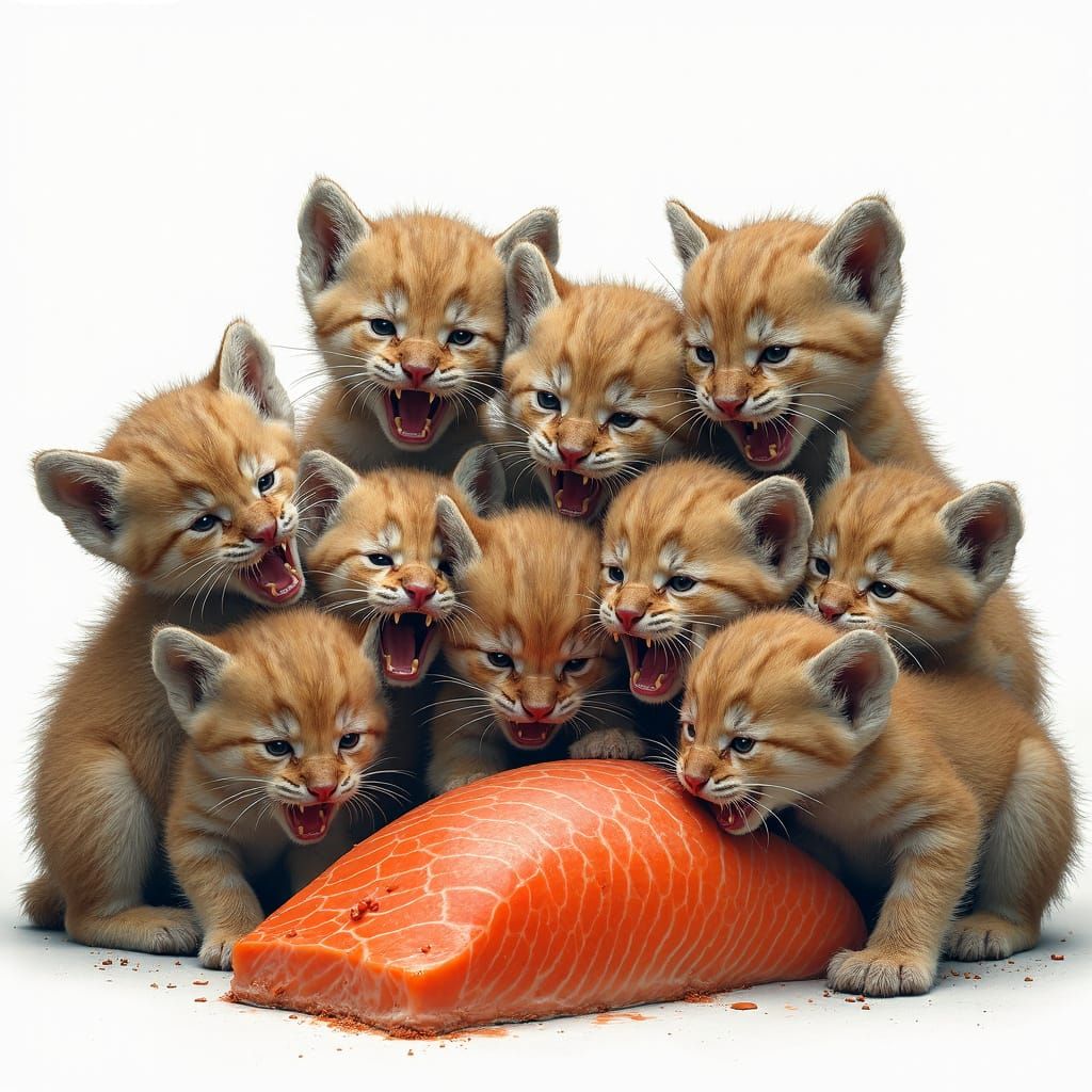 Fierce Big Cat Cubs Compete for Salmon in a Whimsical, Hyper...