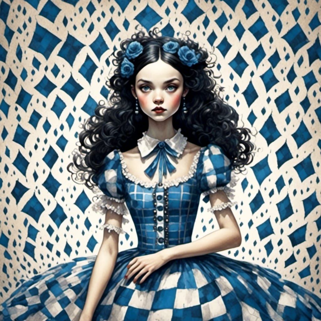 Wednesday Addams in Blue Plaid, Burtonesque Linework