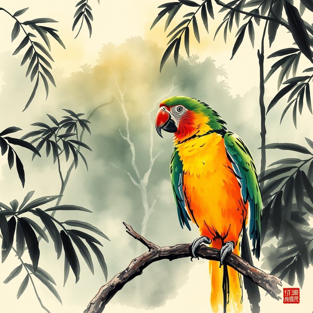 Vibrant Parrot in Rainforest Canopy at Daybreak