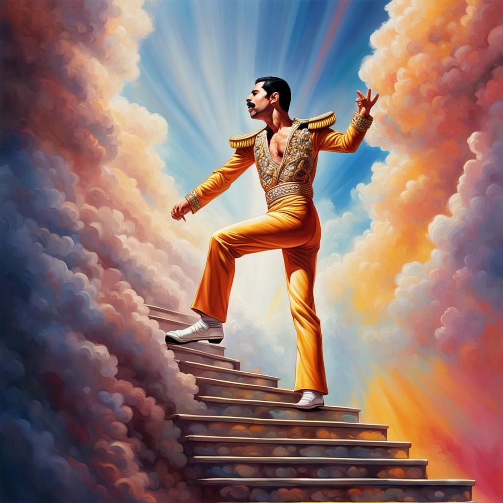 Freddie Mercury Climbs to Heaven: Hyperrealistic Concept Art