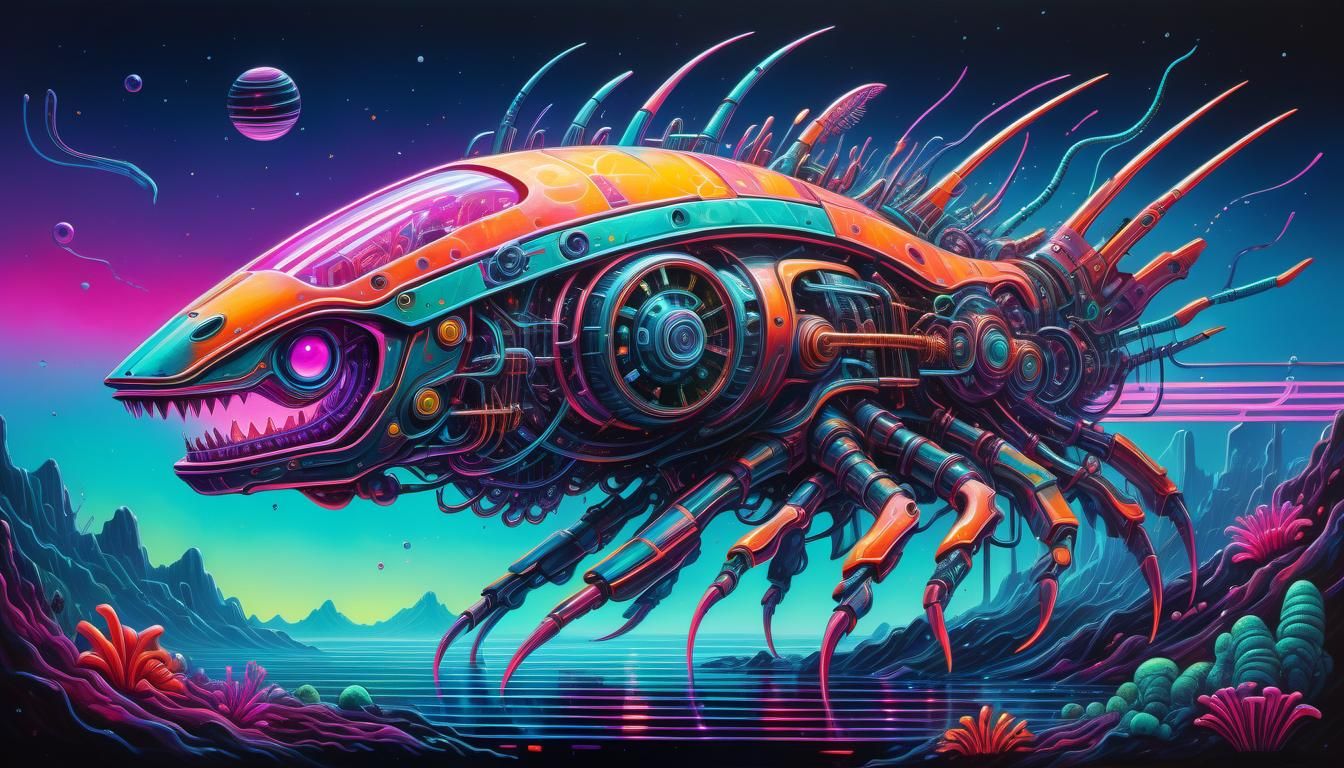 A mesmerizing synthwave abstract painting emerges from the d...