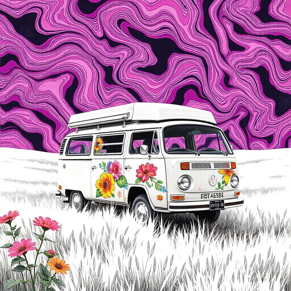 Groovy 1960s Landscape with Volkswagen Campervan
