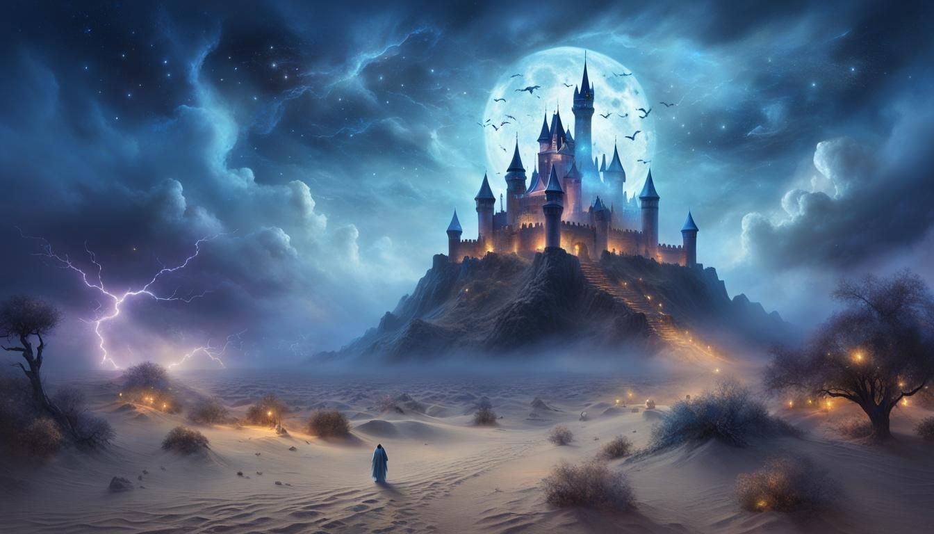 Haunted Castle in Desert Storm: Ethereal Astral Illustration