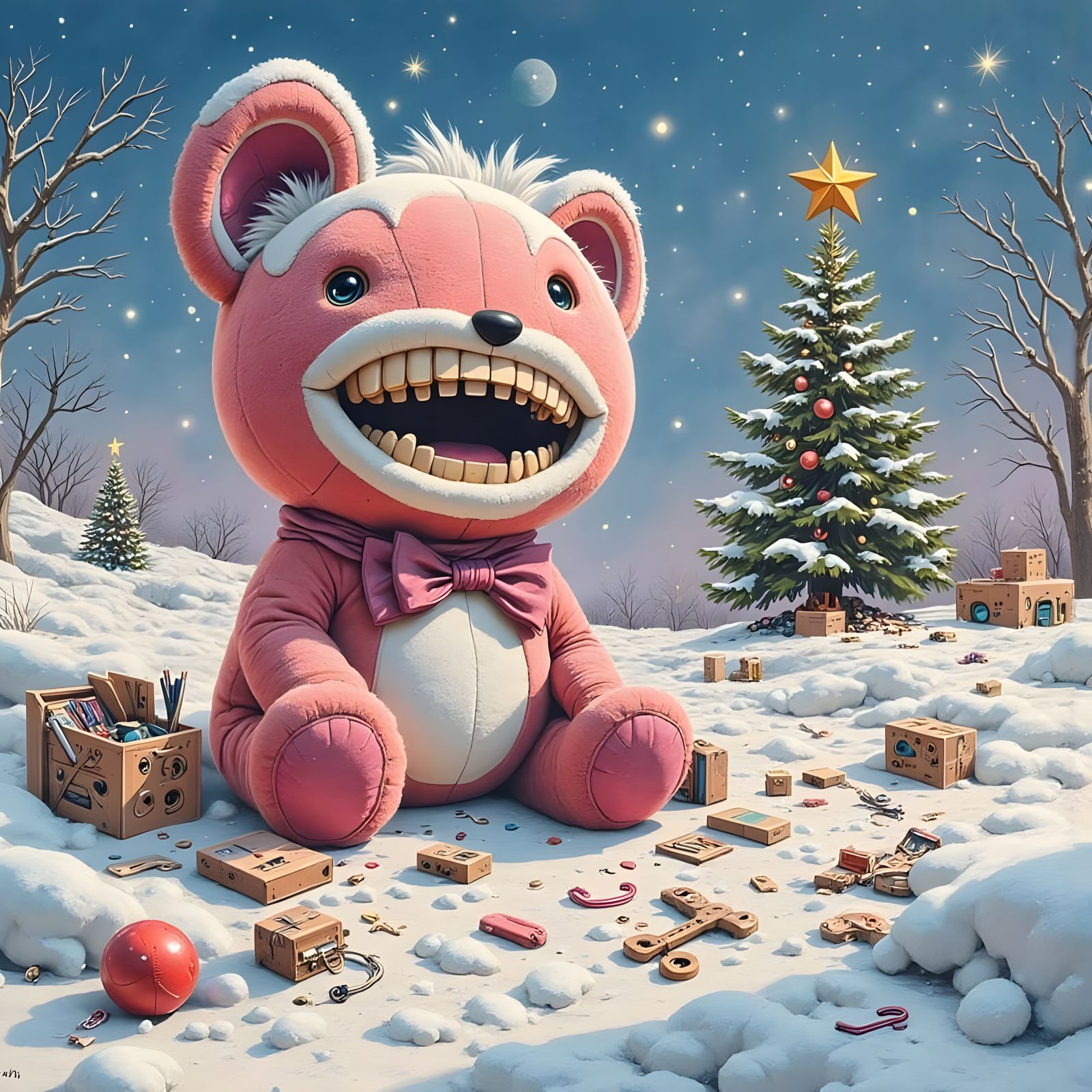 Giant Plush Cat Mascot in 1980s Holiday Dreamscape