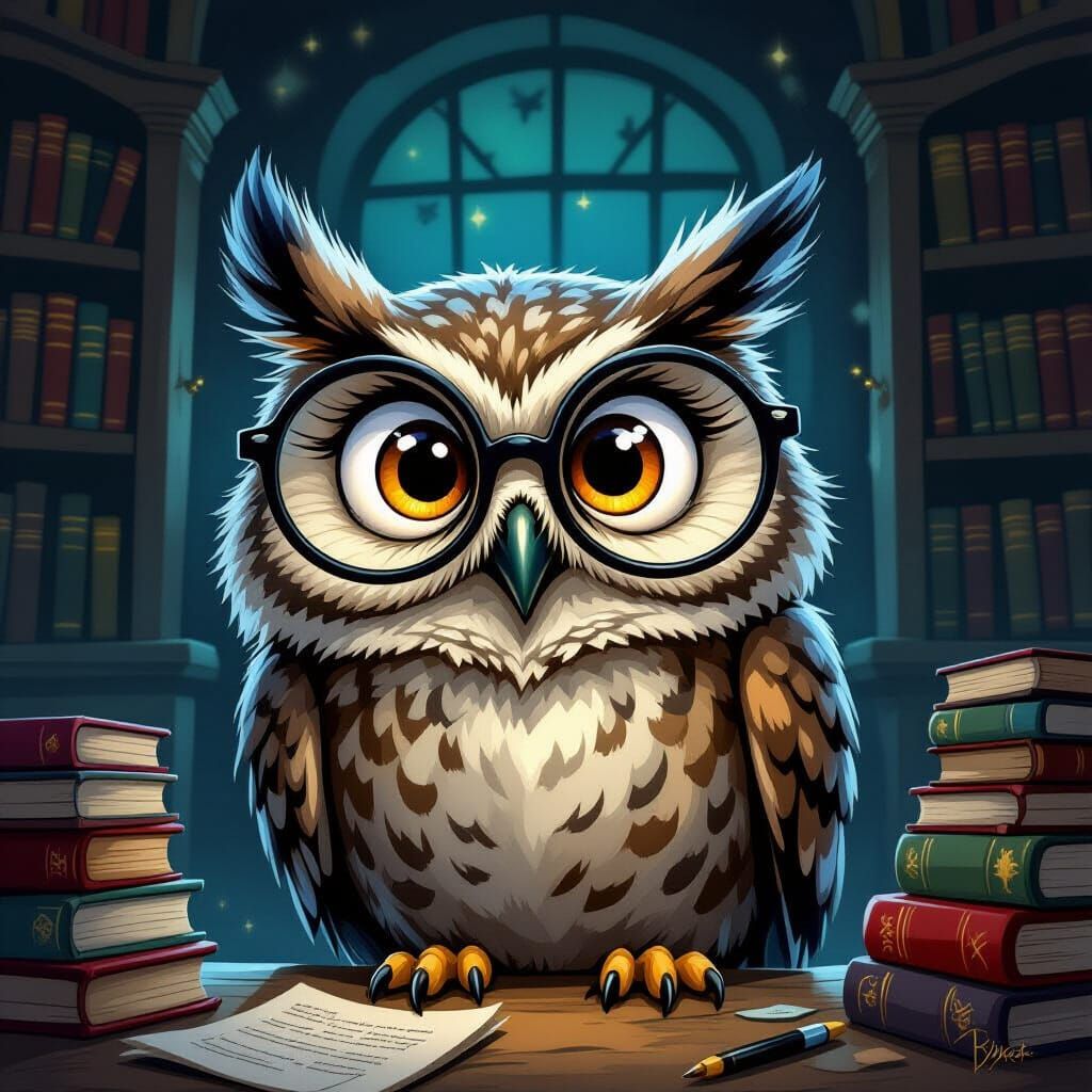 Whimsical Owl Illustration in Dark Fantasy Style