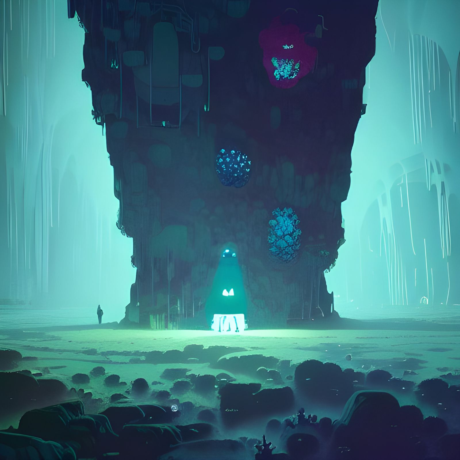Bioluminescent Monolith in Impossible Cavern: Matte Photogra...