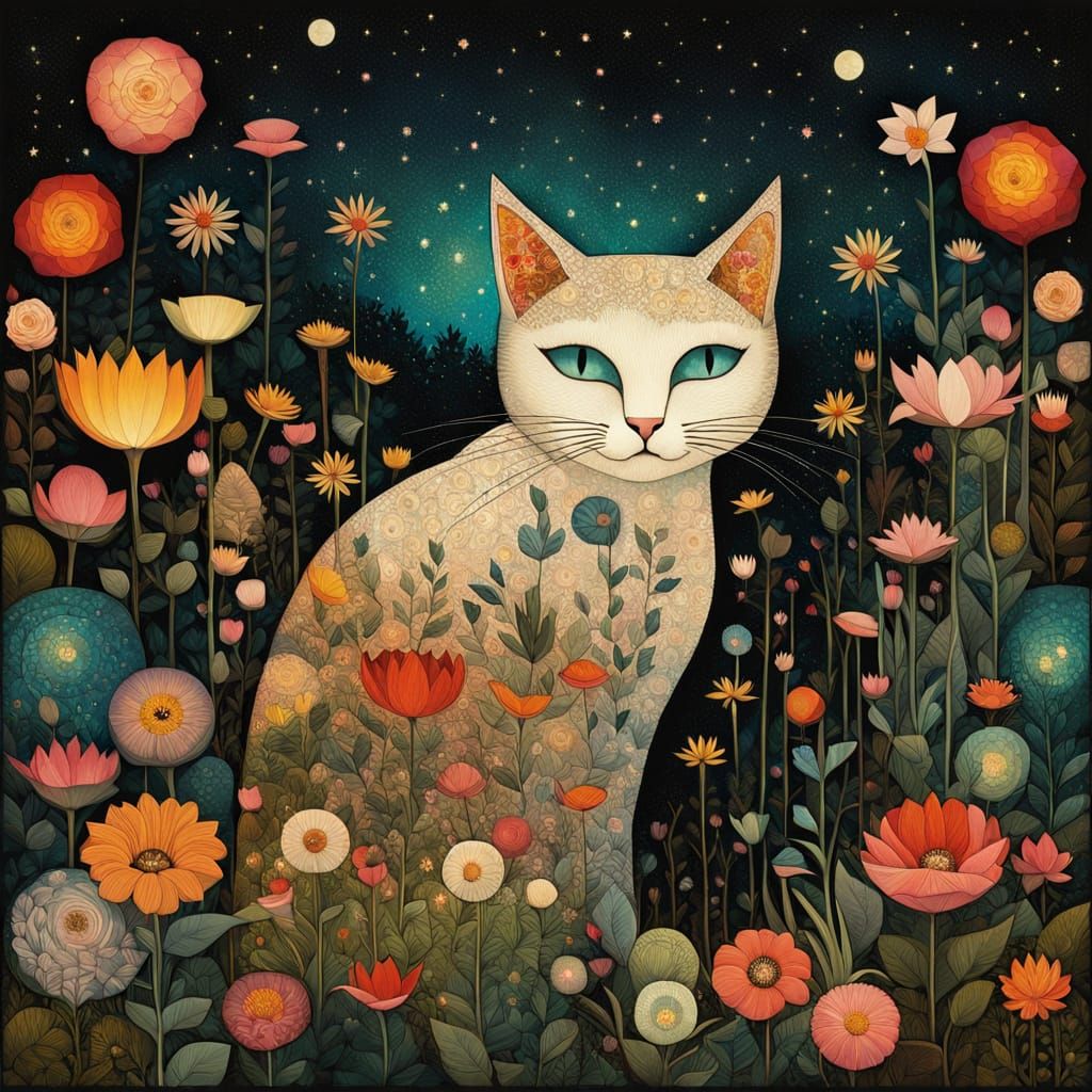 Whimsical Cat in Night Flower Garden Collage