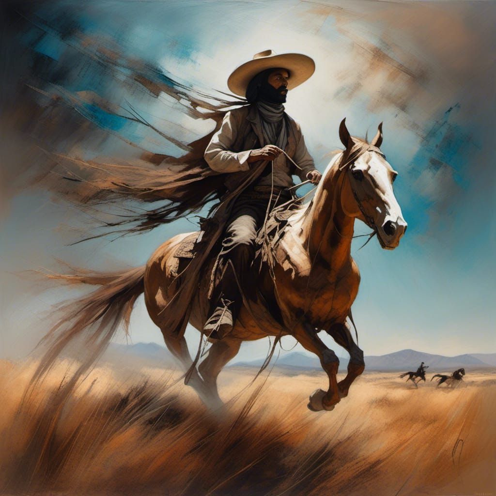Spectral Vaquero on Ghost Horse, Impressionistic Matte Paint...