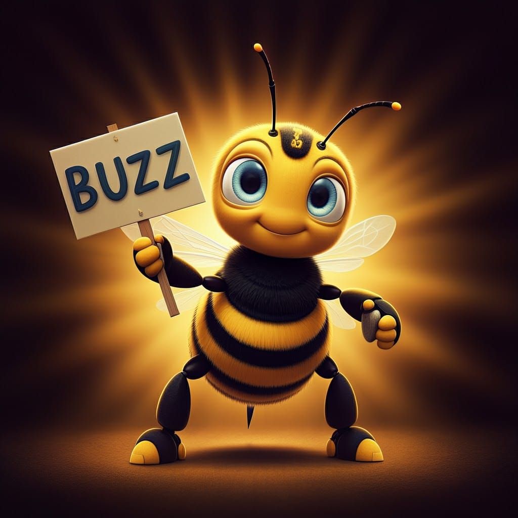 Cute Bumblebee Holding Buzz Sign: 3D Digital Art