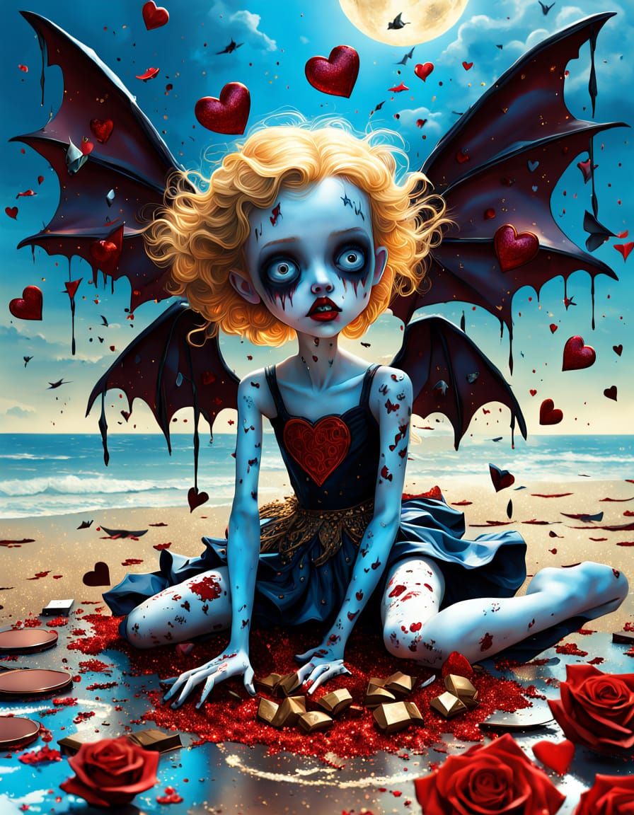 Horrid Cupid Crushing Chocolates on Beach with Bats and Brok...
