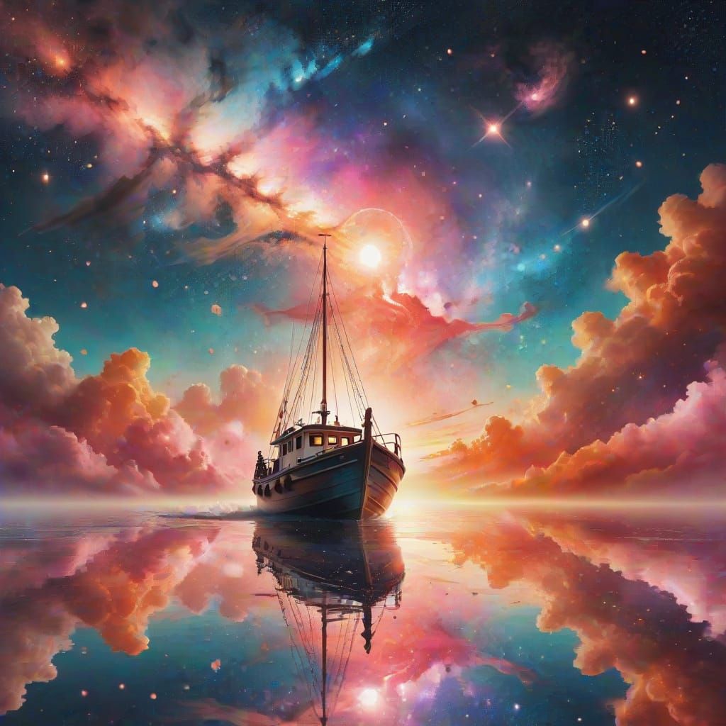 Surreal Galaxy Boat Trip in Dreamlike Sunset