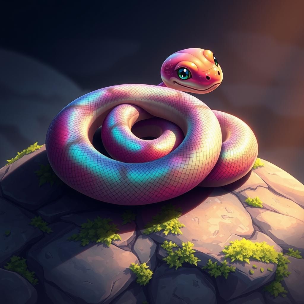 Iridescent Smiling Snake on Mossy Rock in Anime Style