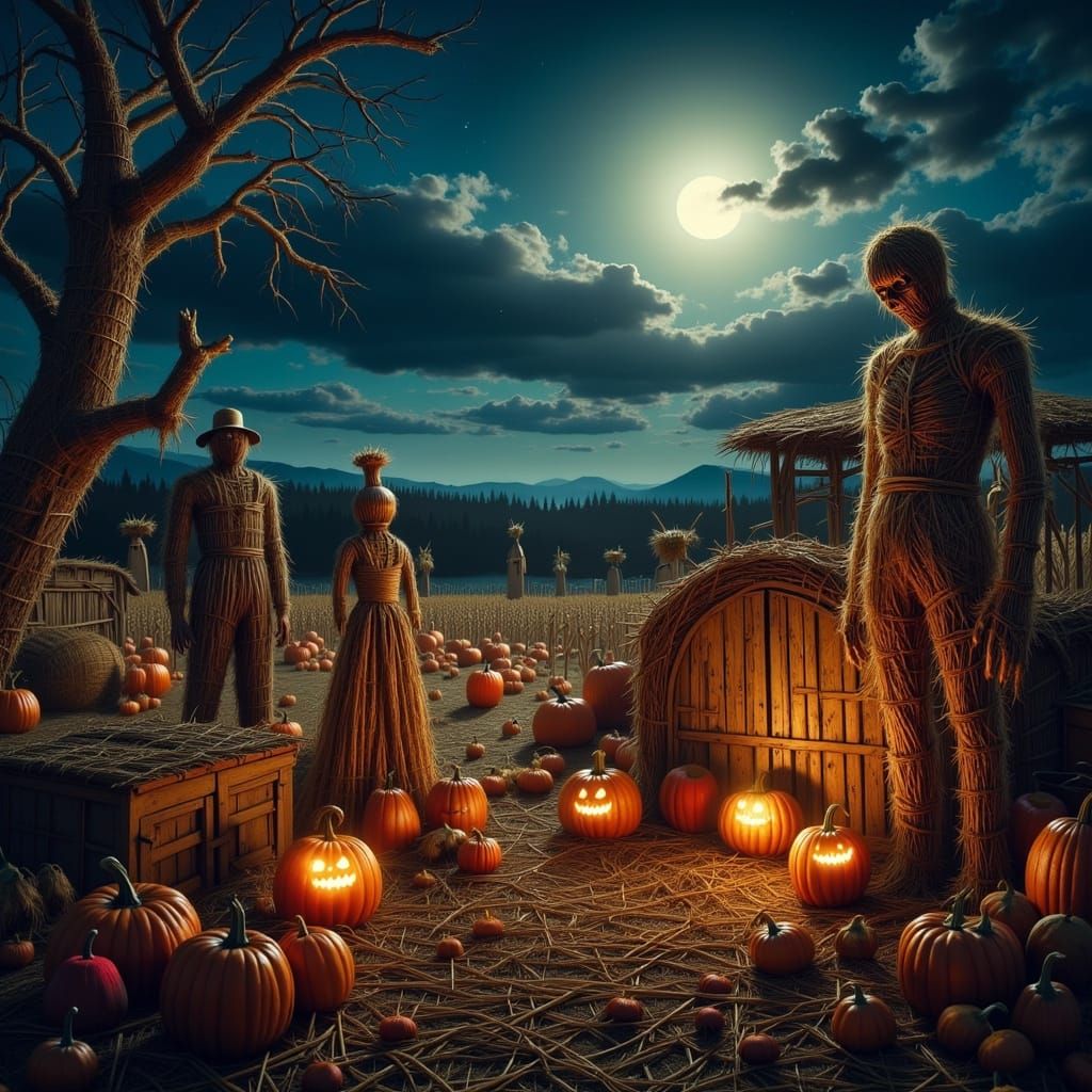 Macabre Harvest Festival at Night, Dark Fantasy Oil Painting