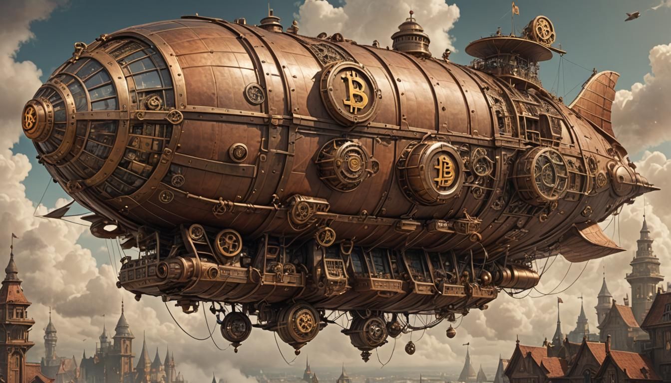 Detailed Fantasy Steampunk Airship with a Bitcoin symbol on the side.