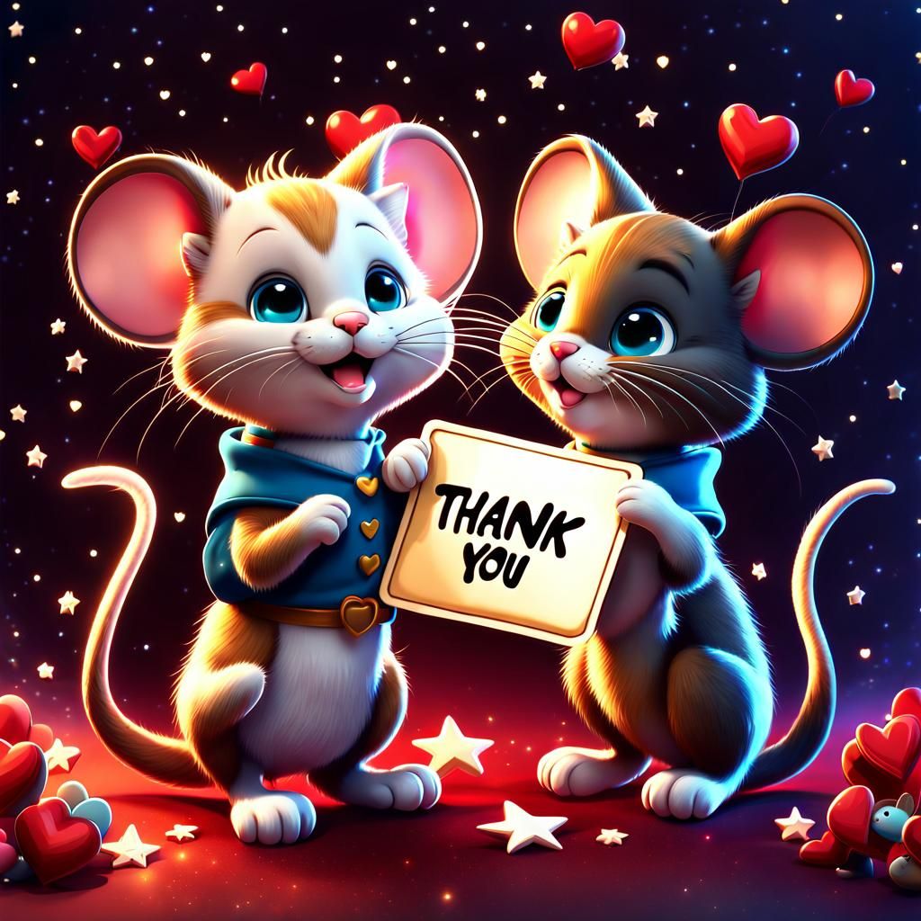 Heartwarming Cartoon Kitten and Mice Thank You