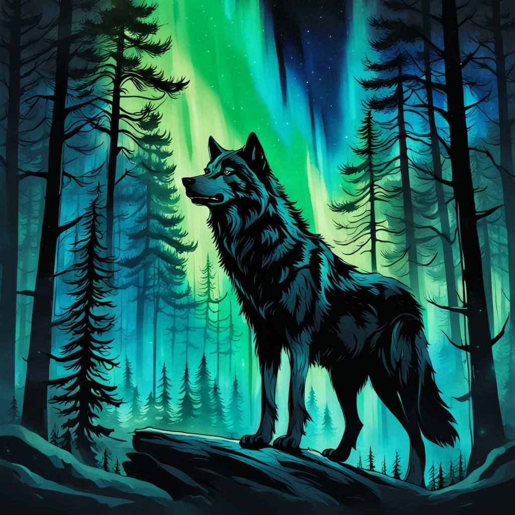 Black Wolf in Fantasy Forest with Northern Lights