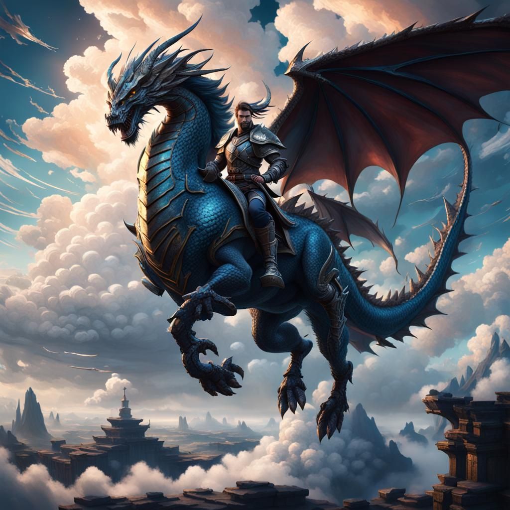 Cloud Warrior Riding a Sky Dragon in Clouds