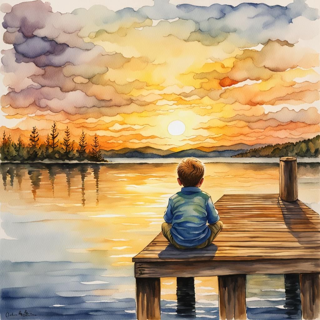 Boy on Dock at Sunset in Watercolor Style