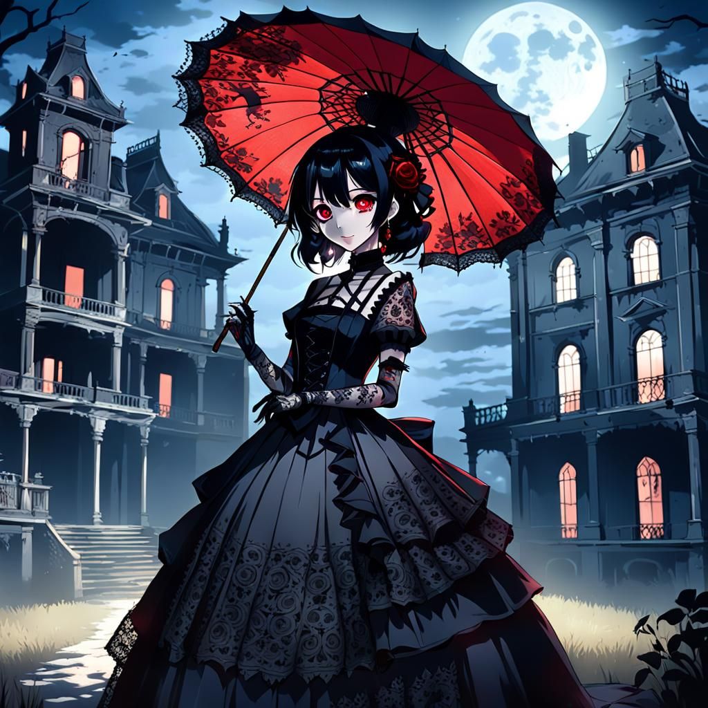 Gothic Anime Girl in Haunted Moonlight