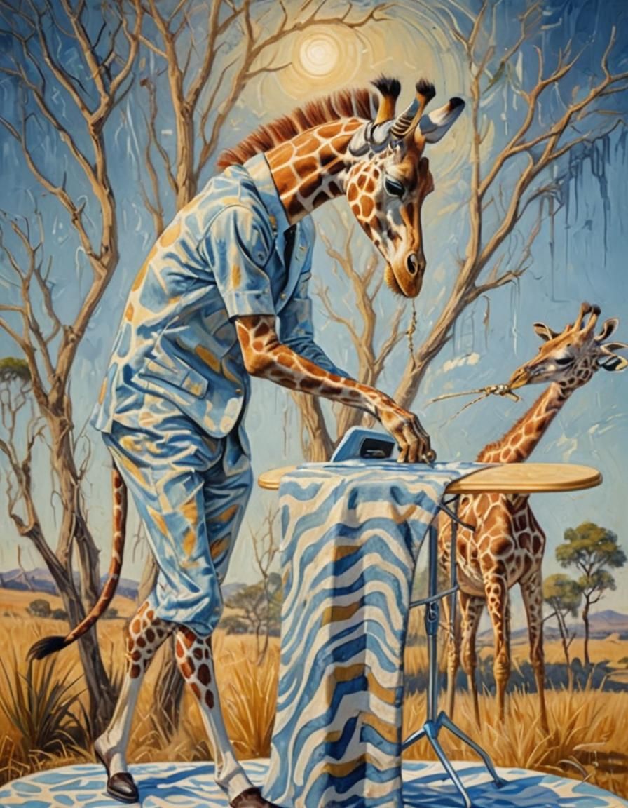 Giraffe Ironing Suit in Surreal Savannah Painting