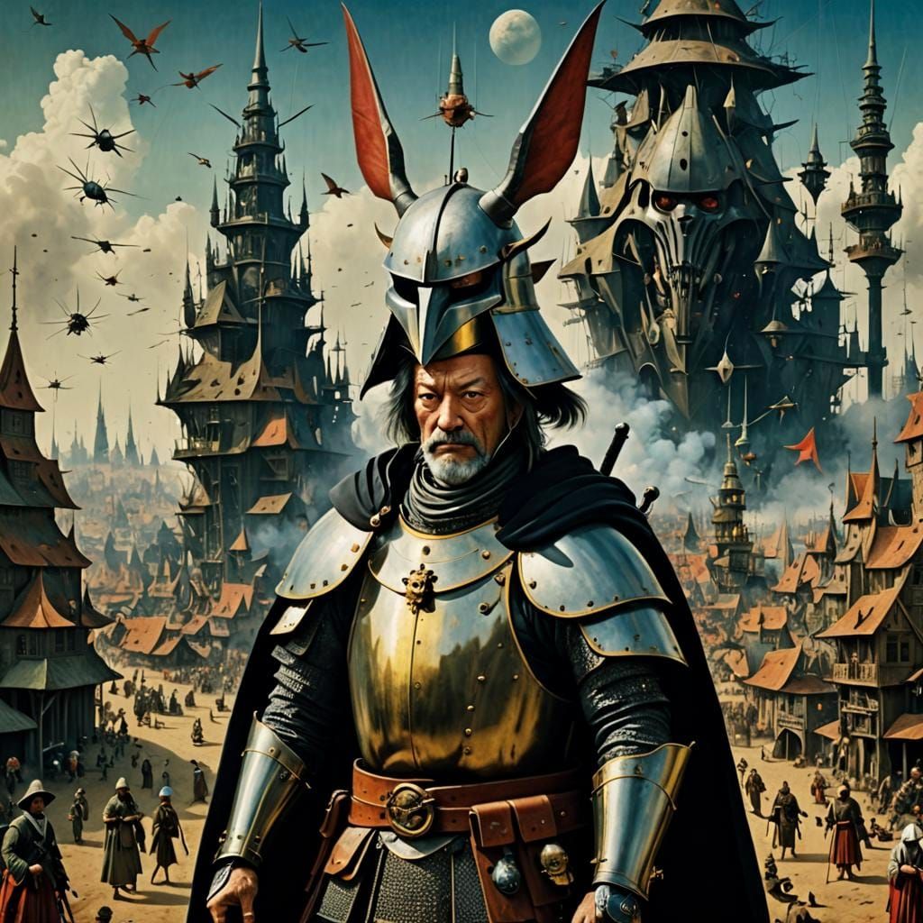 Retrofuturist Samurai Angel in Dystopian City