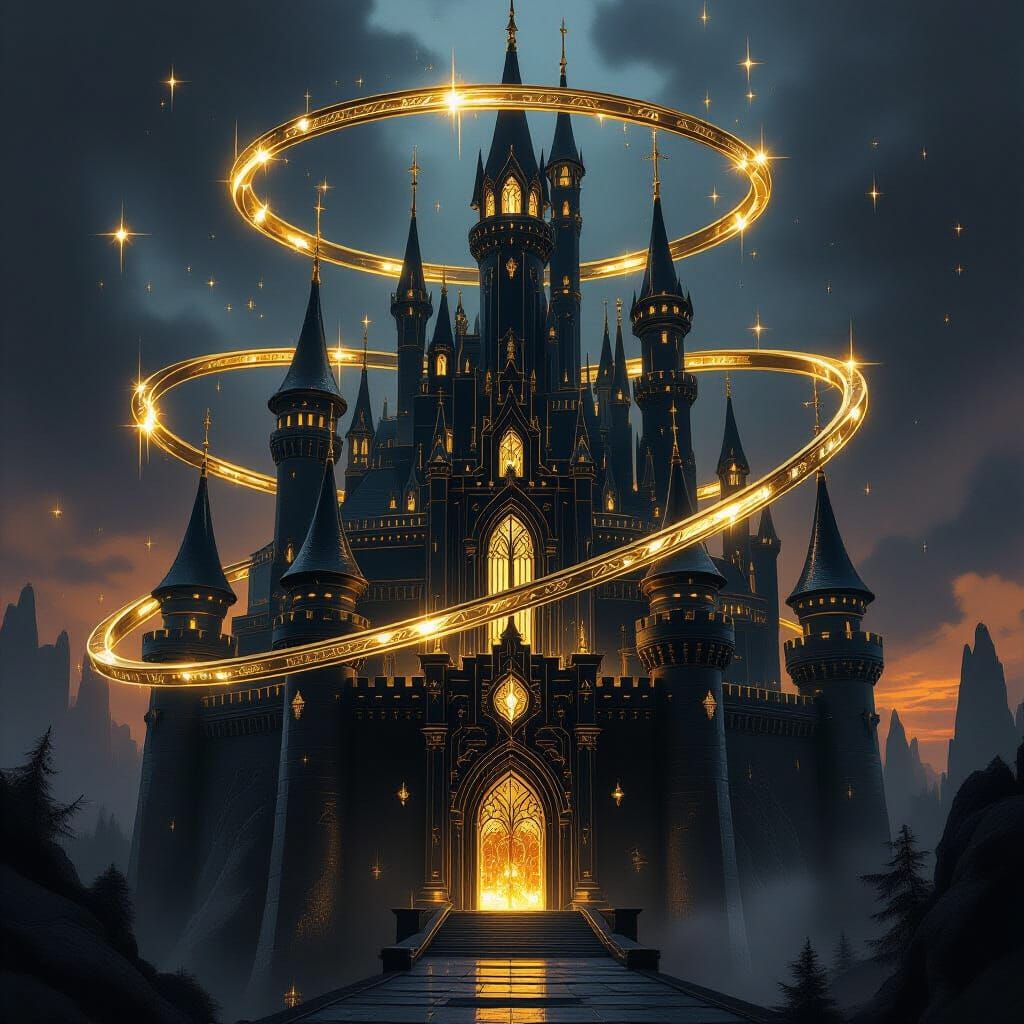 Majestic Black Crystal Castle Wrapped in Golden Rings