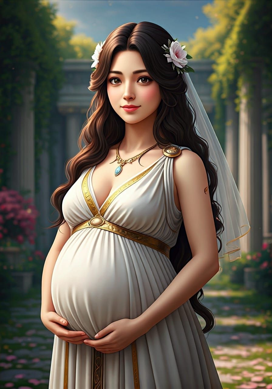 Pregnant Greek Goddess in Lush Olympus Gardens