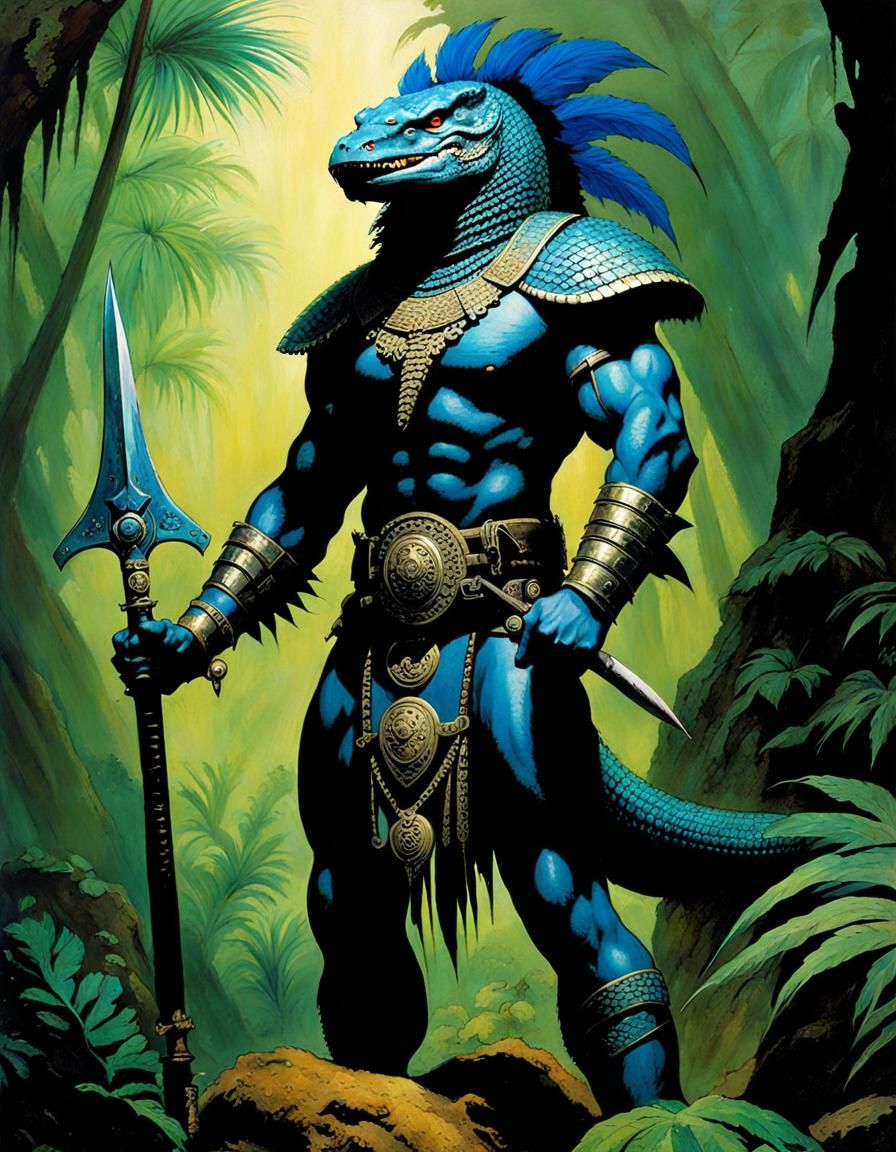 Tribal Lizardman Warrior in Dark Fantasy Jungle