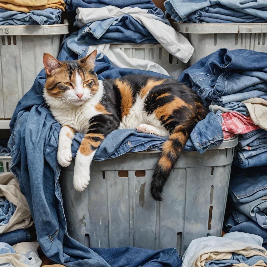 Calico Cat Nap on Denim: Watercolor 3D Image