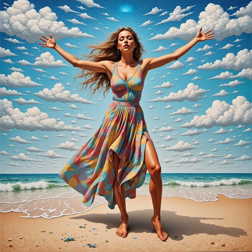 Quilted Fantasy Woman on Beach in Fabric Craft Style