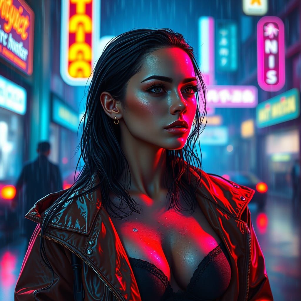 Cyberpunk Woman in Neon Rain