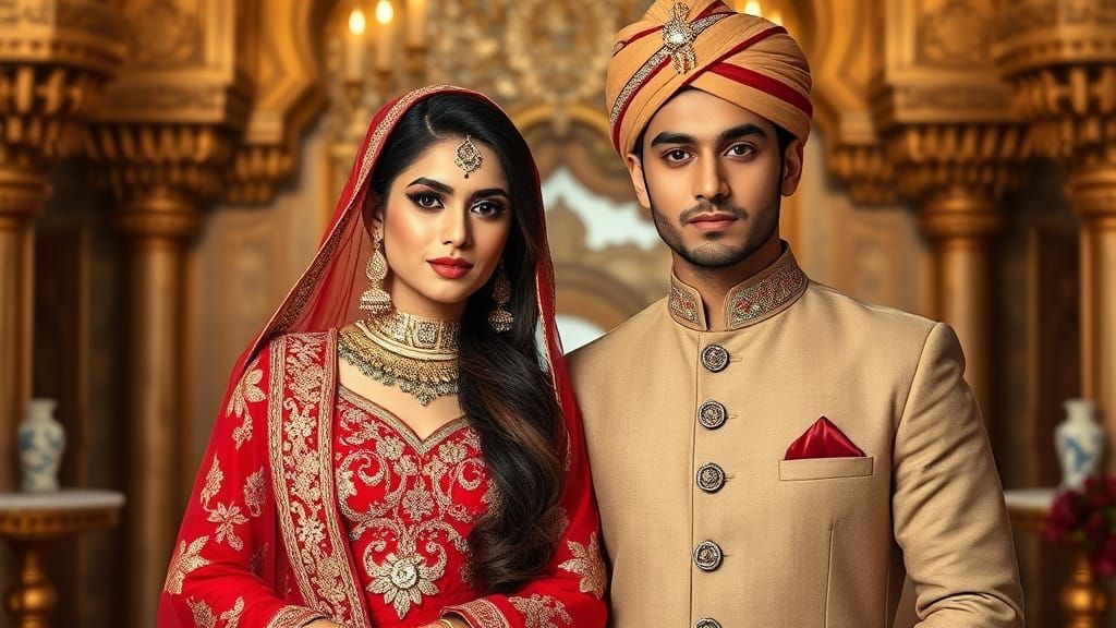 Pakistani Bride and Groom in Traditional Wedding Attire, Ins...