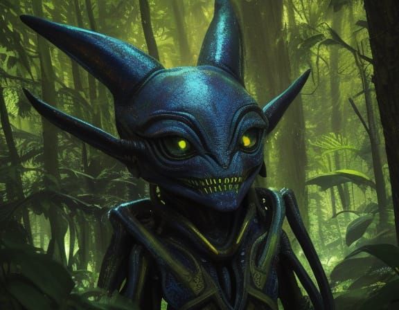 Alien Artifact in Dark Forest: Surreal Oil Painting