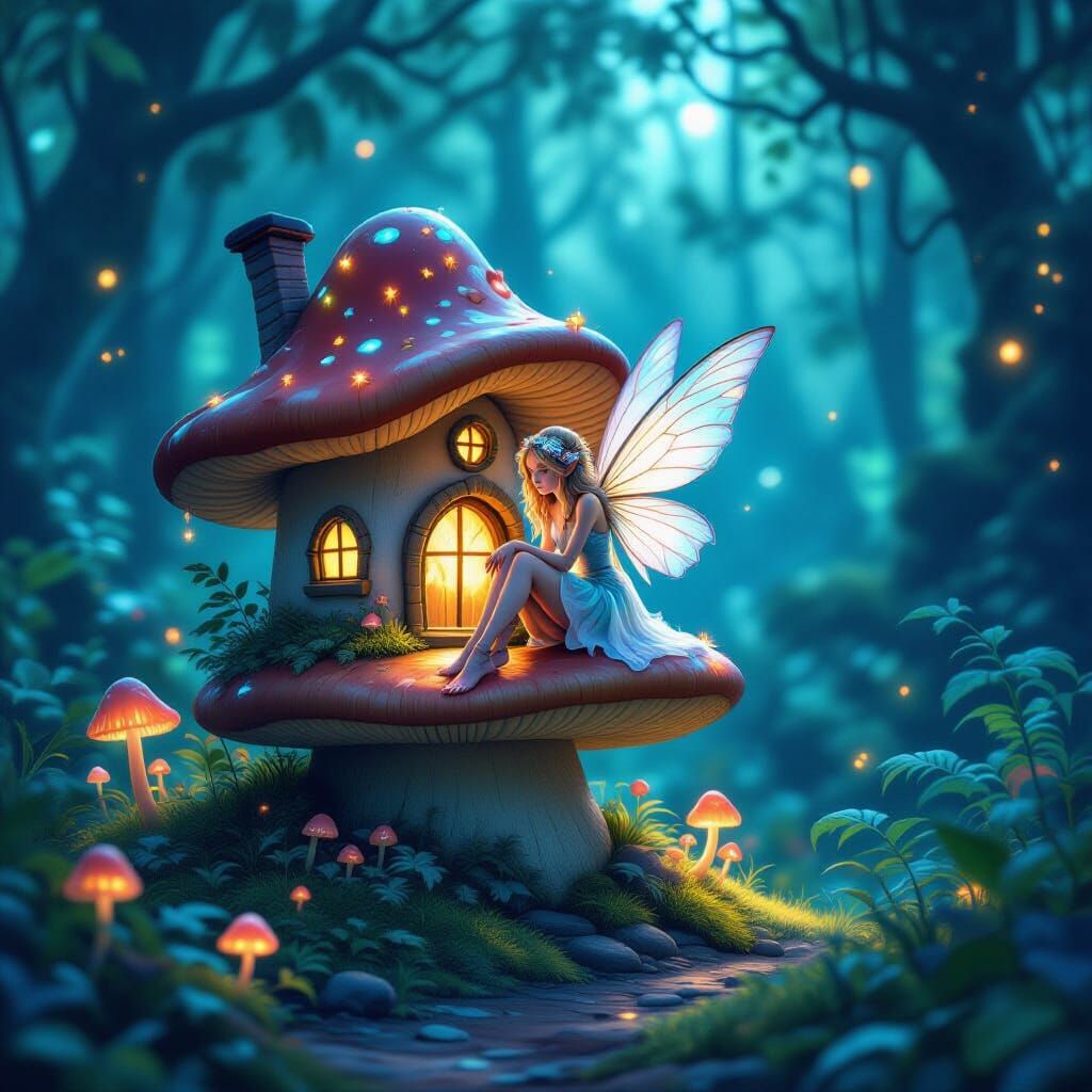 Enchanted Fairy Home in Bioluminescent Forest
