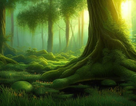 Dreamy Swamp Sunset in Hyperdetailed Oil Painting