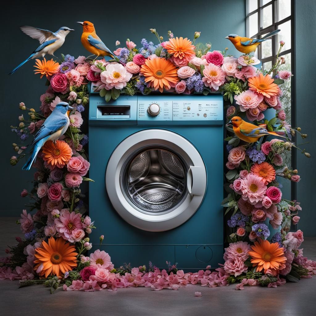 Washing Machine Overflowing with Flowers and Birds