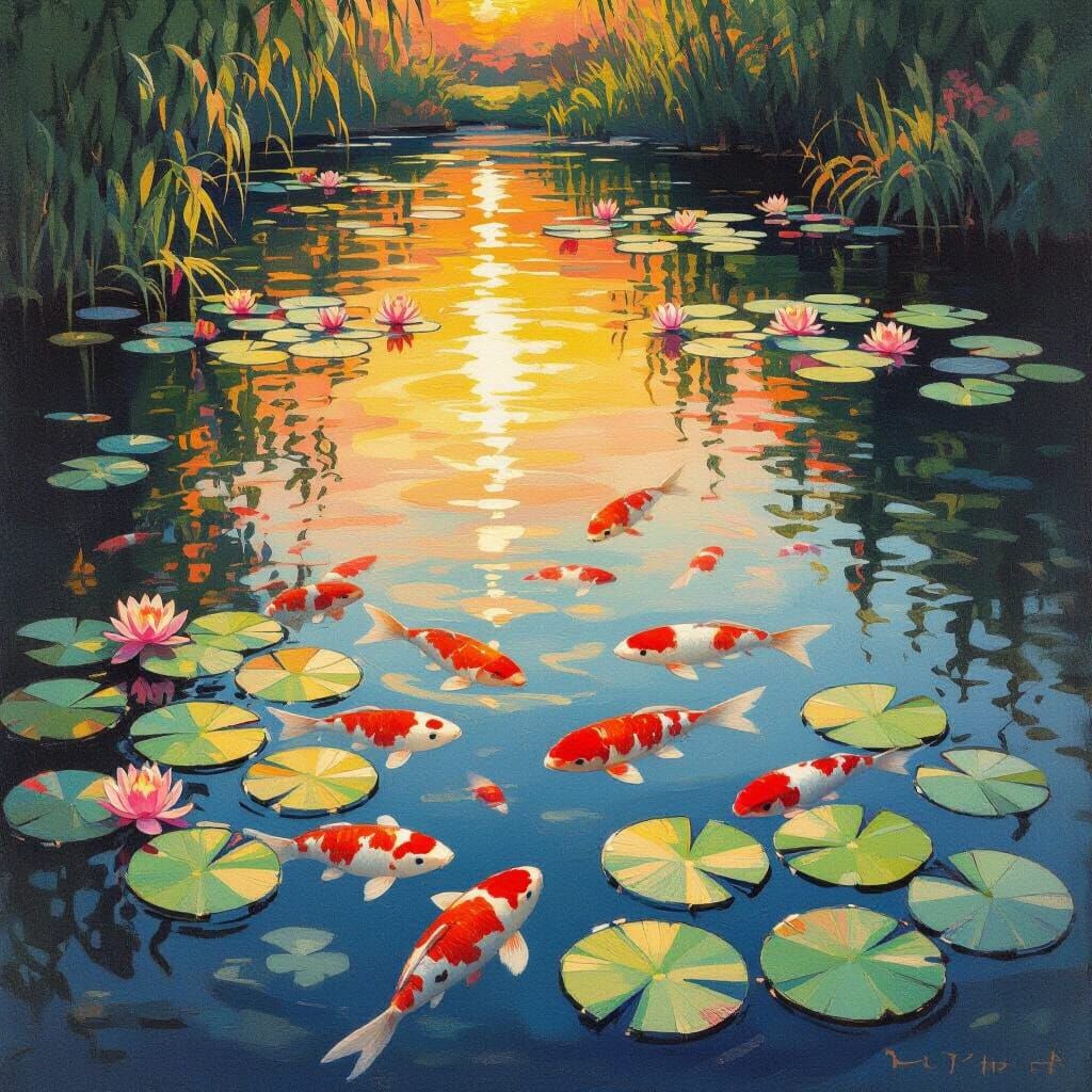 Serene Koi Pond Sunset in Impressionist Style